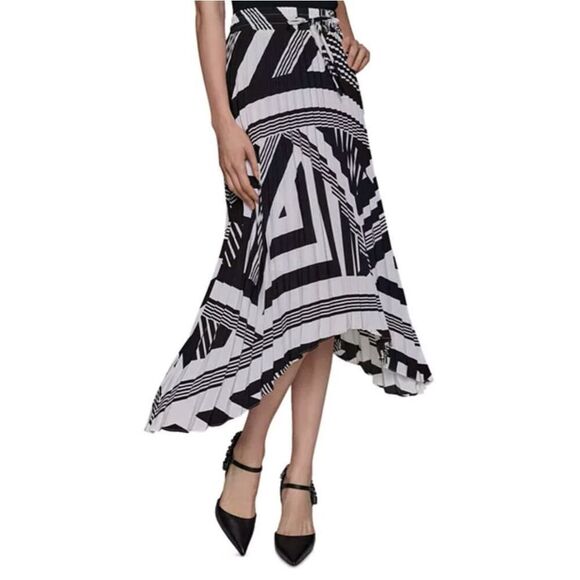 Karl Lagerfeld Paris Geometric Shark Bite Hem Pleated Skirt in Black/White Small - Picture 6 of 8